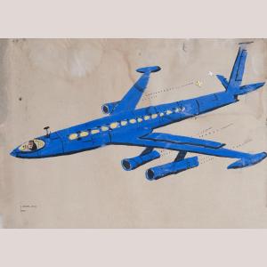 Mid-century Cartoon Jet Airplane Gouache Illustration, 1964