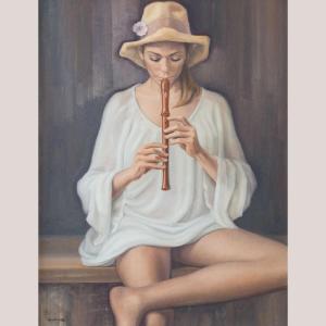 Girl Playing Recorder –signed Oil On Canvas