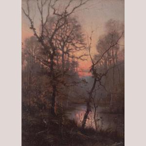 Wooded River Landscape At Sunset - Signed