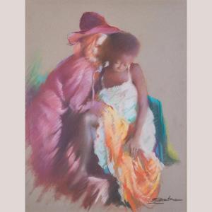 Lady And Child Vintage Pastel Study - Signed