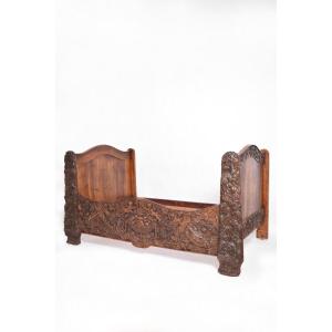 Carved Walnut Bed, Late 19th Century.