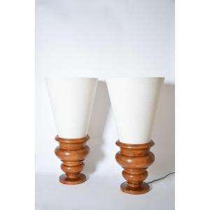 Pair Of Turned Wood Lamps, 1970s