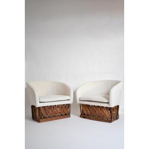 Pair Of Large Wood And Leather Mexican Armchairs, 1970s