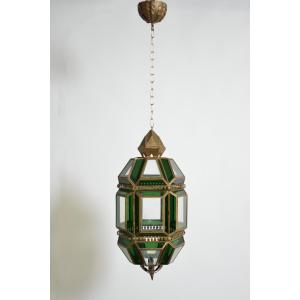 Brass And Green Glass Lantern Ceiling Lamp, 1970s