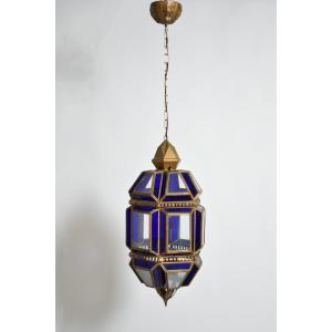 Brass And Blue Glass Lantern Ceiling Lamp, 1970s
