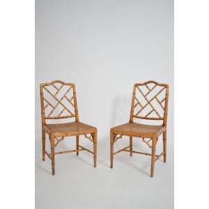 Pair Of Faux Bamboo And Canning Chairs, 1970s