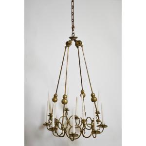 Bronze And Brass 12 Candles Ceiling Lamp, 19th C.