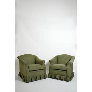 Pair Of Green Fabric Fringe Armchairs, 1940s