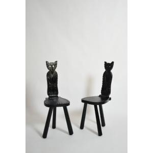 Pair Of Brutalist Ebonised Wood Owl Chairs, 1960s.