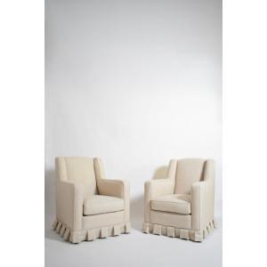 Pair Of Off White Fringe Armchairs, 1940s.