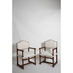 Pair Of Turned Wood Armchairs, XIXth C.
