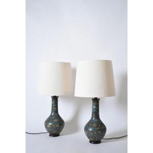 Pair Of Blue Cloisonné Bronze Lamps, XIXth C.