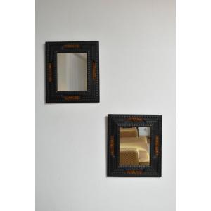 Pair Of Carved Ebonised Wood And Trompe l'Oeil Turshell Mirrors, XIXth C.
