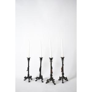Set Of Four Tripod Zoomorphic Bronze Candleholders, XIXth C.