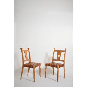 Pair Of Etruscan Oak And Leather Chairs, 1970s.
