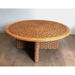 Large Round Rope And Wood Coffee Table. French Work  In The Style Of Audoux Minet. Circa 1970