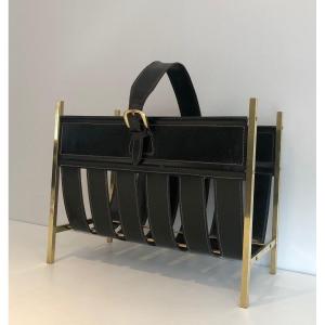 Hand-bag Brass And Leather Magazine Rack By Jacques Adnet. Circa 1940