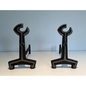 Pair Of Modernist Cast Iron And Wrought Iron Andirons