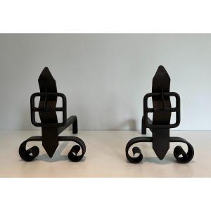 Pair Of Modernist Cast Iron And Wrought Iron Belt Andirons