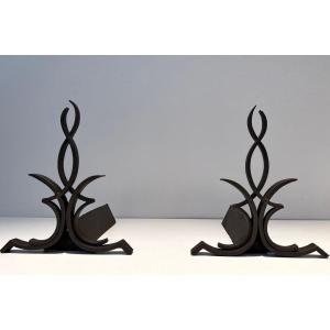 Pair Of Wrought Iron Andirons By Raymond Subes