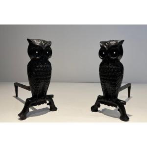 Pair Of Cast Iron And Wrought Iron Andirons Showing An Owl
