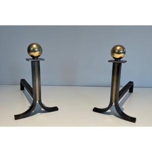 Pair Of Modernist Cast Iron, Brass And Wrought Iron Andirons In The Style Of Jacques Adnet