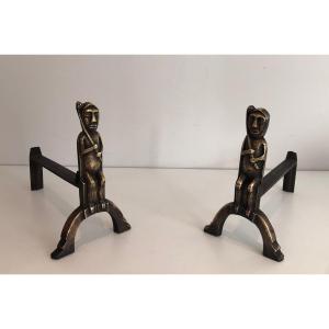 Pair Of Bronze Andirons With Seated Shamans, Monogramed By Anton Prinner