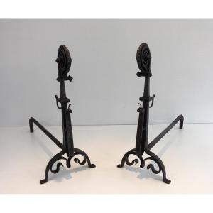 Pair Of Tall Wrought Iron Andirons Showing A Snail