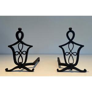 Pair Of Wrought Iron Andirons In The Style Of Raymond Subes