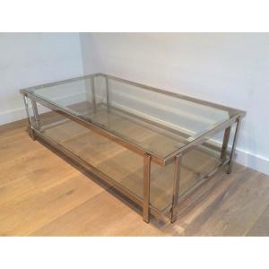 Chromed Coffee Table With Two Glass Shelves. French Work. Vintage. Circa 1970