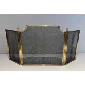 Neoclassical Style Brass And Grilling 3 Panels Fireplace Screen. French Work. Circa 1970
