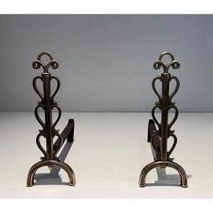 Pair Of Brass And Wrought Iron Andirons. French Work In The Style Of Raymond Subes 1940.