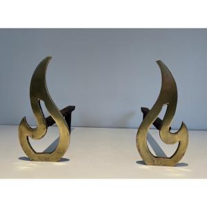 Pair Of Neoclassical Style Flame Brass Andirons. French. Circa 1970