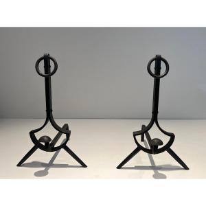 Pair Of Modernist Andirons In Cast Iron And Wrought Iron. French Work. Circa 1970