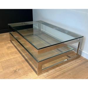 Design Chrome Coffee Table With 2 Thick Glass Shelves. French Work. Circa 1970