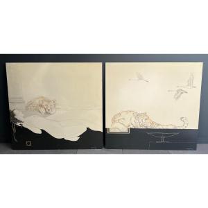 Pair Of Large Decorative Gouaches Signed Tony Warren Circa 1980