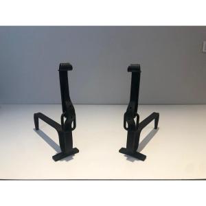 Pair Of Wrought Iron Belt Andirons. French Work, Circa 1950