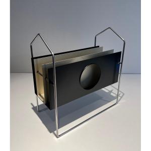 Design Magazine Rack Made Of Chrome And Black And White Lacquered Metal. French Work.circa 1950