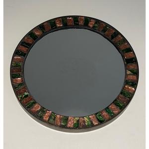 Round Glazed Ceramic Mirror Surrounded By A Brass Band. French Work. Circa 1950