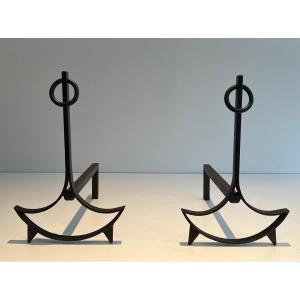 Pair Of Modernist Wrought Iron Andirons. French Work. Circa 1940