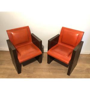 Pair Of Orangeish And Brown Leather Armchairs (a Third One Is Available). French Work.