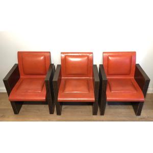 Set Of 3 Brown And Orange Leather Armchairs (can Be Sold Individually). French Work. Around 1970