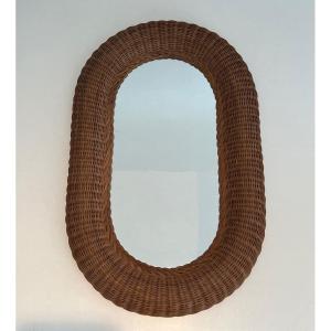 Oval Rattan Mirror. French Work. Circa 1970
