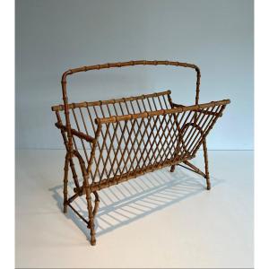 Faux-bamboo Rattan Magazine Rack. Very Fine Work. French Work. Circa 1950