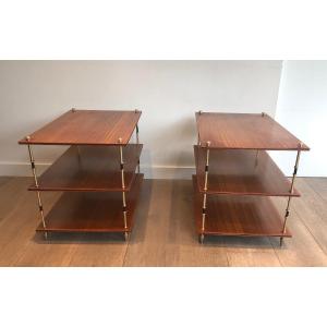 Pair Of Small Consoles Or Sofa Ends With Three Levels In Mahogany, Brass And Lacquered Brass