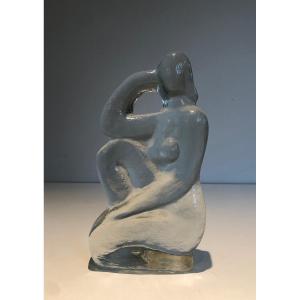 Glass Sculpture Representing A Naked Woman Striking A Pose. French Work In The Spirit A