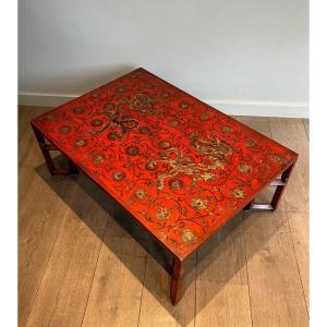 Large Red Lacquered Coffee Table Decorated With Dragons, Interlacing And Floral Motifs