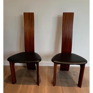 Pair Of Chairs In Exotic Wood And Leather. Scandinavian Work. Around 1970
