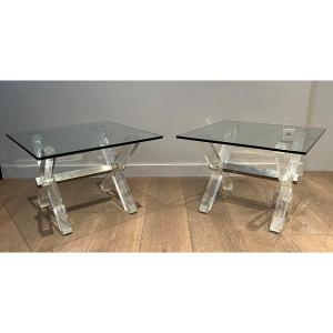 Pair Of Sofa Ends Consisting Of An X-shaped Base In Plexiglass And Chrome Topped With A