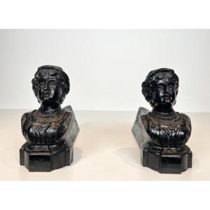 Pair Of Cast Iron Andirons Representing A Woman And Bearing The Word "italienne". French Work
